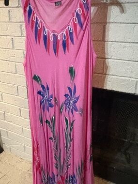 Pink Floral Maxi Dress with Blue Flower Print